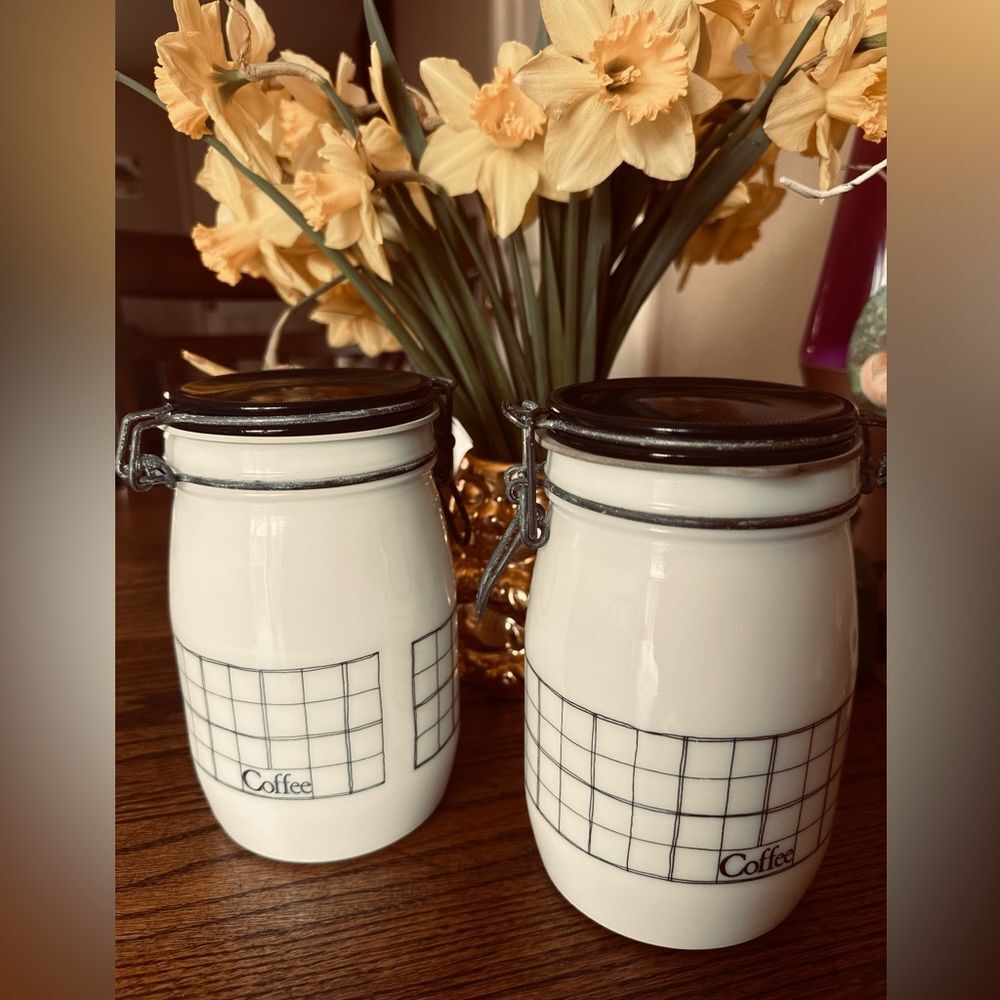 White Milk Glass Vintage coffee cannister set Cobalt Blue Lids